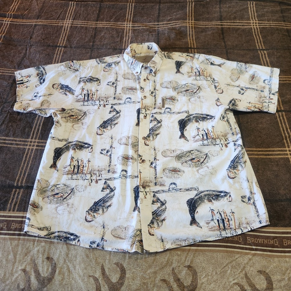 North River Short Sleeve Button Down Fishing Shirt Mens XL Bass Lures Outdoors